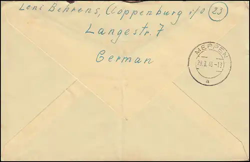 31 AM-Post 42 Pf MeF R-Brief Not-R-Stempel CLOPPENBURG 27.3.46 nach MEPPEN 29.3.