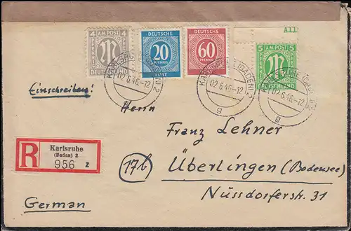 2+3 AM-Post avec 924+933 Communauté MiF R-Lettre KARLSRUHE 2.6.46 n. SONT CONSULTÉS