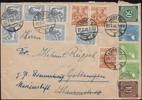 Währungsunion Zehnfachfrankatur 918ff Kontrollrat I+II auf Brief LÜBECK 23.6.48
