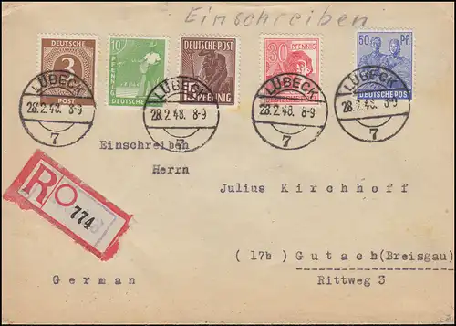 913ff Conseil de contrôle I+II MiF sur lettre R Not-R-Zettel LÜBECK 28.2.1948 à Gutach