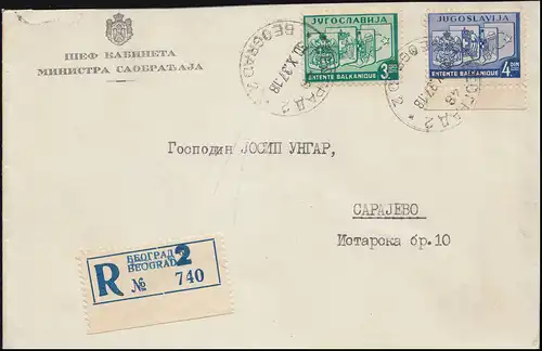 Jugoslawien 348-349 Balkanbund R-Brief BELGRAD 30.10. nach SARAJEVO 31.10.37
