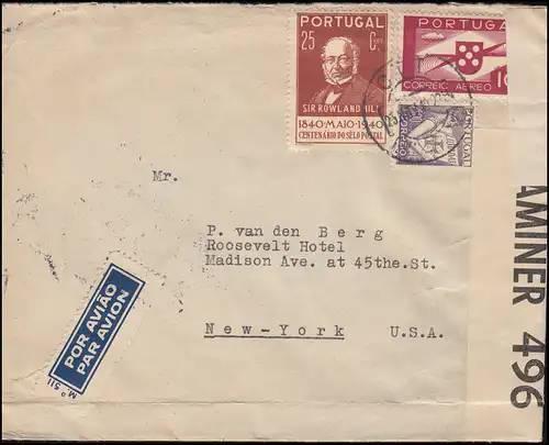 USA-Zensur 496 auf Portugal-Brief 550+595+623 MiF LISBOA / LISSABON 25.11.1940