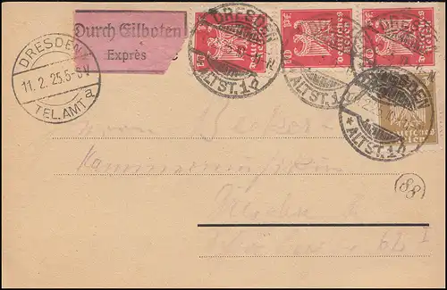 355 +358 Adler du Reich MiF sur carte postale locale Express DRESDEN-ALTST. 10.2.1925