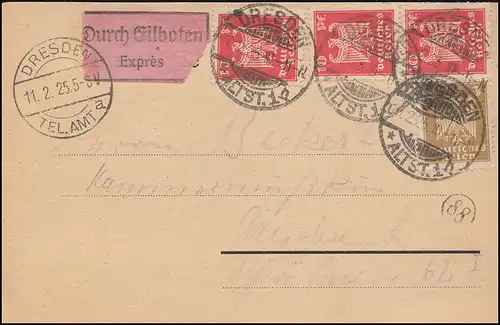 355+358 Reichsadler MiF auf Orts-Express-Postkarte DRESDEN-ALTST. 10.2.1925