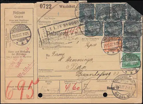 362x Stephan 8mal mit Zusatzfr. Paketkarte WALDSHUT 29.12.1927 nach BERN 31.12.