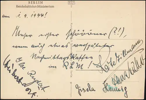 Ansichtskarte Berlin Reichsluftfahrtministerium, rückseitg beschriftet 1.9.1944