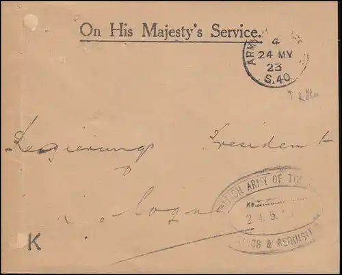 Britische Feldpost 1923 in Deutschland: Brief ARMY POST OFFICE S.40 - 24.5.23