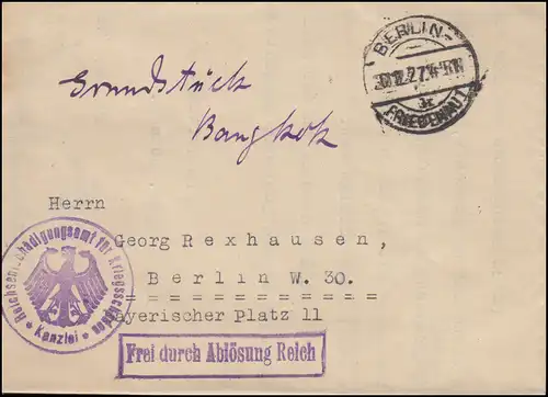 Frei durch Ablösung Reichsentschädigungsamt für Kriegsschäden BERLIN 20.12.1927