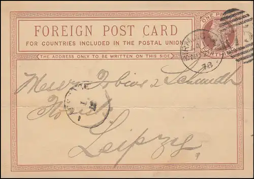 Großbritannien Postkarte P 4 Königin Viktoria DUP BIRMINGHAM 75 28.11.1878