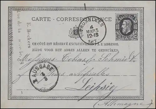 Belgien Postkarte P 8 König Leopold schwarz BRÜSSEL 4.3.1877 nach LEIPZG 5.3.77
