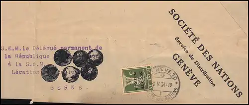 Völkerbund (SDN) 29 Tellknabe in GRÜNOLIV auf Briefausschnitt GENF 1.5.1934
