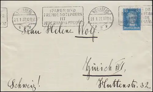 393 Goethe 25 Pf EF auf Auslandsbrief NÜRNBERG Sparen und Notlindern 21.1.1927 