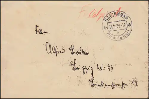 Lettre de M. Marienbad (Böhmen) Nous sommes libres! 14.10.1938 à Leipzig