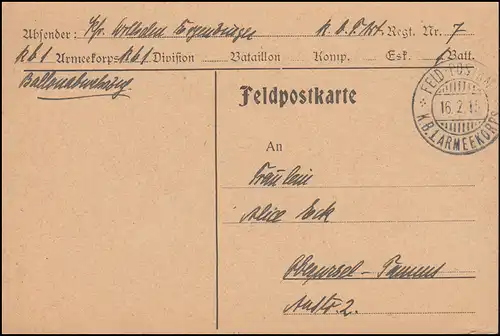 Feldpost handschriftlich Ballonabwehrzug K.B. 1. ARMEEKORPS 16.2.15, Postkarte