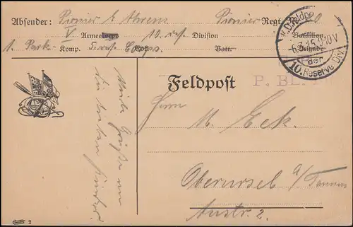 Feldpost BS Pionier-Bataillon Transport-Regiment P.BL.TR. 6.3.15 auf Postkarte