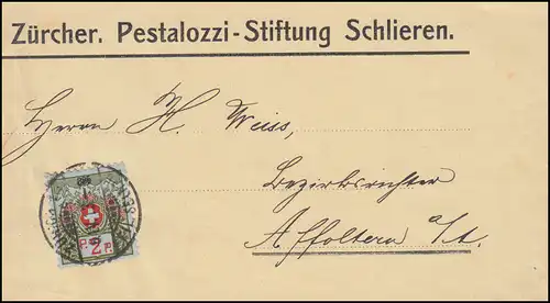 Portofreiheitsmarke 2I Alpenrose Streifband Pestalozzi-Stiftung ZÜRICH 8.4.1913