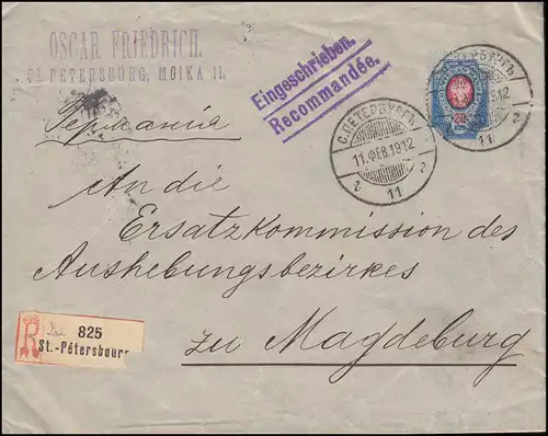42 Wappen EF auf R-Brief ST. PETERSBURG 11.2.1912 nach MAGDEBURG 16.2.12