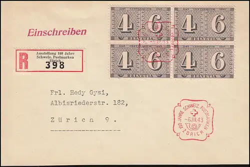 Schweiz 416 Briefmarken als Vbl. auf Orts-R-Bf Sonder-R-Zettel SSt ZÜRICH 6.3.43