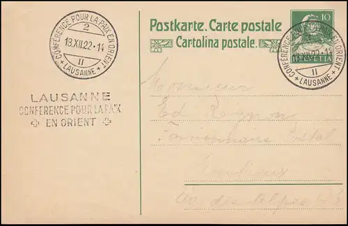 Schweiz Postkarte P 82I Tellbrustbild SSt LAUSANNE Friedenskonferenz 18.12.1922