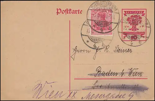 Postkarte P 115 Nationalversammlung mit Zusatzfr. CHARLOTTENBURG 15.8.1919