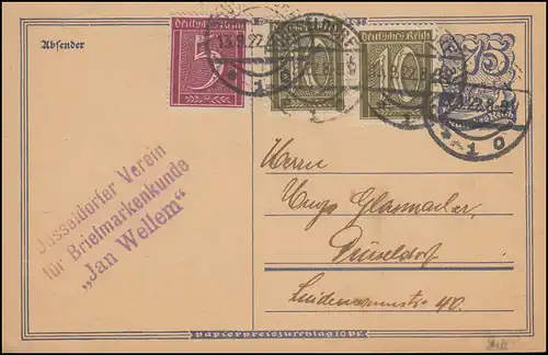 Postkarte P 146I mit Zusatzfrankatur als Ortspostkarte DÜSSELDORF 13.9.1922