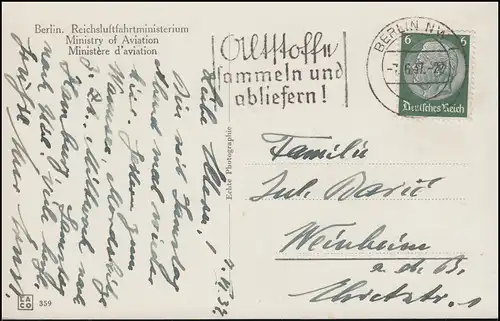 AK Berlin Reichsahrungsministerium trilingue, BERLIN 7.6.1937 vers Weinheim