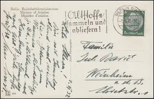 AK Berlin Reichsluftfahrtministerium dreisprachig, BERLIN 7.6.1937 nach Weinheim