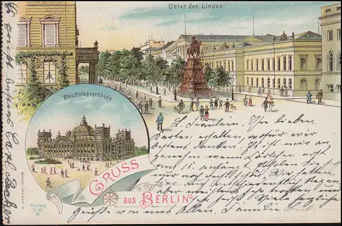 AK Gruss aus Berlin Unter den Linden / Reichstagsgebäude BERLIN 31.7.1901