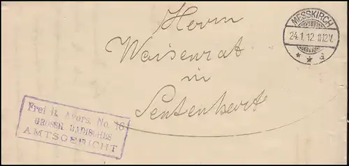 Libre d'après Avers No. 16 GRAND-DUCHÉ BADIQUE JUGE OFFICIEL Lettre MESSKIRCH 24.1.1912