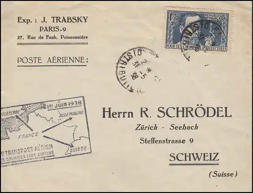 Erstflug Frankreich-Schweiz 1.6.1938 Brief 339 Louis Pasteur PARIS 31.5.38 