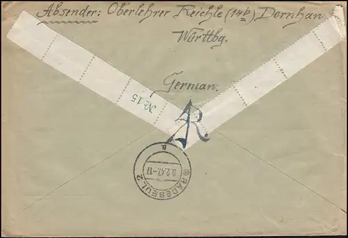 3 Pf ZW Wappen Zwischenstegpaar mit Zusatzfrankatur MiF R-Bf. DORNHAN 27.1.1947