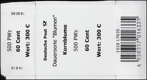 3468 Kornblume 60 Cent + CF Banderole / Aufkleber für 500 Stück