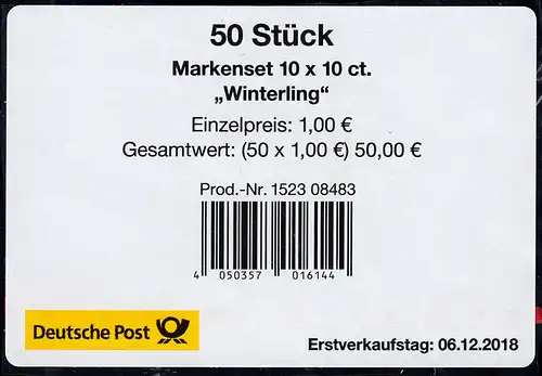 FB 81I Blume Winterling 10 Cent, Folienblatt-BANDEROLE Erstverkauf 6.12.18