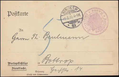Portopflichtige Dienstsache Kaiserliches Patentamt Kasse Postkarte BERLIN 1.6.11