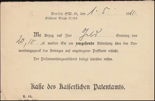 Portopflichtige Dienstsache Kaiserliches Patentamt Kasse Postkarte BERLIN 1.6.11