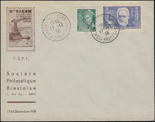 France 419 Victor Hugo Lettre 1ère exposition de timbres SSt BREST 17.12.38