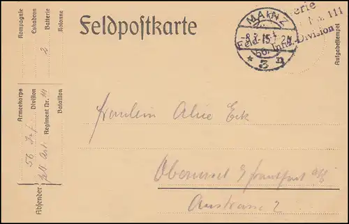 Poste de terrain BS Régiment de champ artillerie 111 sur PK MAINZ 8.7.1915 vers Oberursel