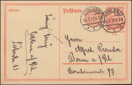 Postkarte P 153I Postreiter mit Rosettenbeidruck COBLENZ 1 - 14.6.1922 nach Bonn