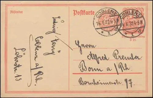 Postkarte P 153I Postreiter mit Rosettenbeidruck COBLENZ 1 - 14.6.1922 nach Bonn