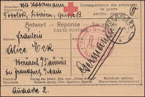 Kriegsgefangenenpost 1. Weltkrieg Karte Rotes Kreuz TOBOLSK 3.10.15 russ. Zensur