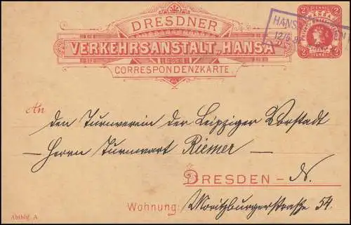 Privatpostkarte Dresdner Verkehrsanstalt Hansa, Rahmen-O HANSA-DRESDEN 12.5.1887