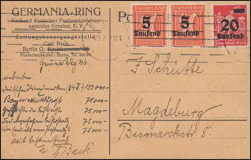 277+280 Infla-MiF sur carte postale Association des collectionneurs Germania-Ring BERLIN 4.9.1923