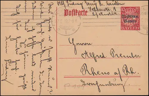 Bayern Postkarte P 104 Volksstaat Bayern KAISERSLAUTERN 27.8.1919 nach Rhens 