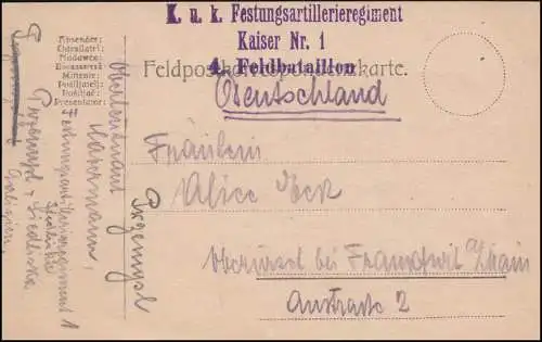 Feldpost BS Festungsartillerieregiment Kaiser Nr. 1 auf Postkarte, um 1916/1917