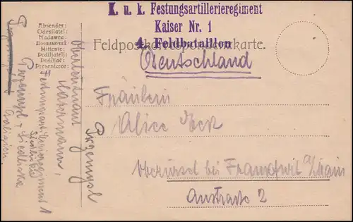 Poste de terrain BS régiment de l'artillerie forteresse empereur n° 1 sur carte postale vers 1916/1917