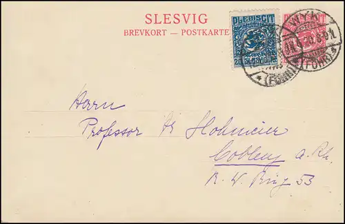 Schleswig Postkarte P 2 SLESVIG 10 Pf. mit 6 von WYK (FÖHR) 12.6.1920 n. Coblenz