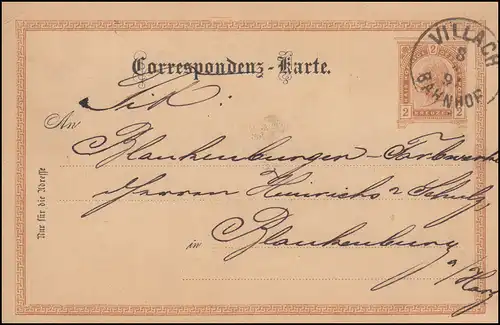 Autriche Carte postale P 74 Franz Joseph 2 Kr. VILLACH BAHNHOF 8.4.1891