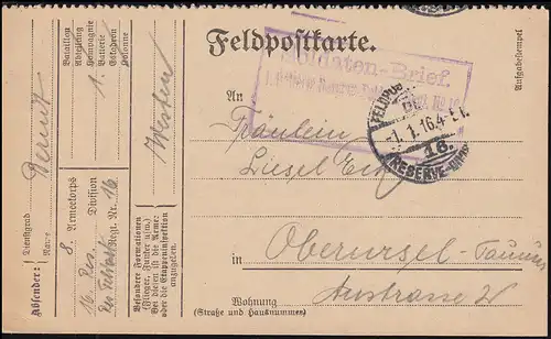 Post post BS Réserve-champ-artillerie-régiment 16, carte postale 18. RES.-DIV. 1.1.16