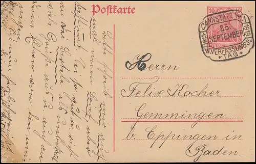 Carte postale Germania avec SSt CANSTATT 1819-1919 JOUR DE CONSTITUTION 25.9.1919