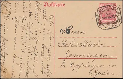 Germania-Postkarte mit SSt CANNSTATT 1819-1919 VERFASSUNGSTAG 25.9.1919